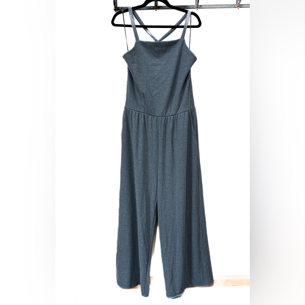 Jumpsuit, wide leg, spaghetti strap, criss cross tie in back, pockets, s…